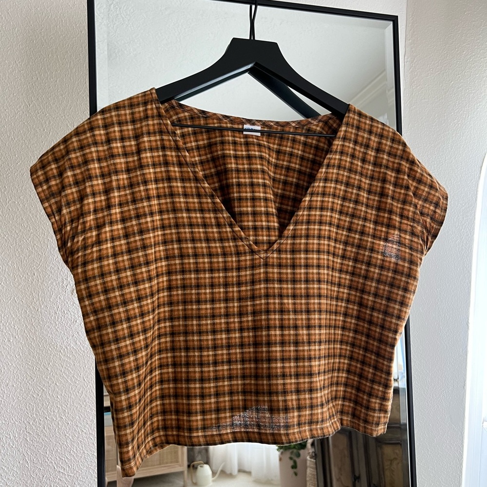 Frond Deep V Plaid Tee Orange Black Yellow S/M